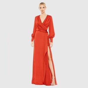 IEENA by Mac Duggal Red Draped Bishop Sleeve Charmeuse Gown, size 8 (callout)